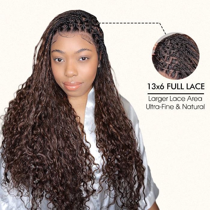 Braided Glueless Wig Drawstring Cap 13x6 HD Lace Front Knotless Boho Curls Human Hair Wigs